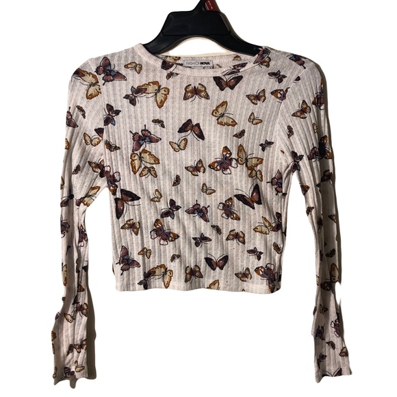 Fashion Nova Butterfly White Printed Long Sleeve Top Small - Picture 2 of 5